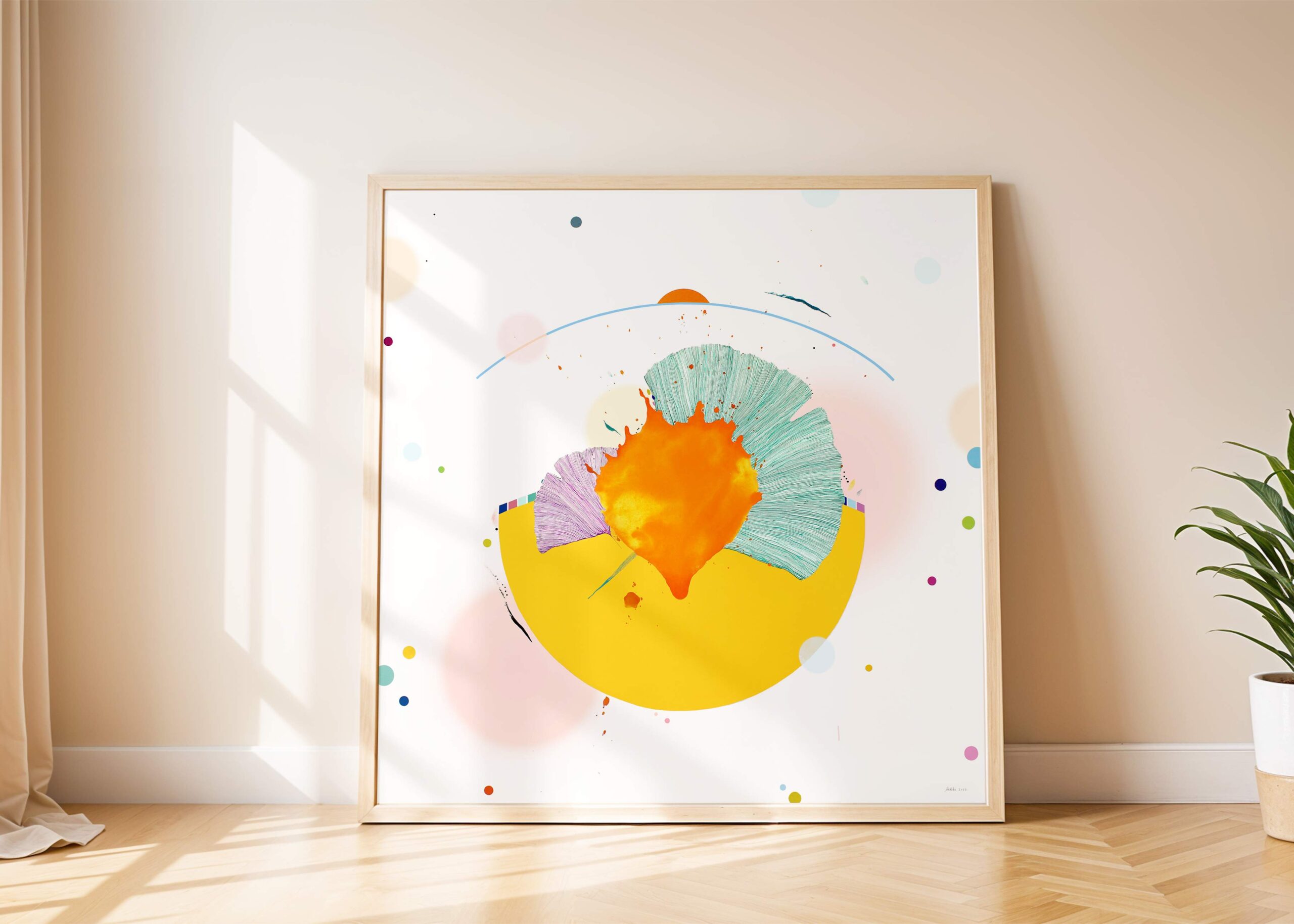 Didelė abstrakti tapyba ant drobės – geltona, oranžinė, mėtinė – šiuolaikinis menas Vilniuje