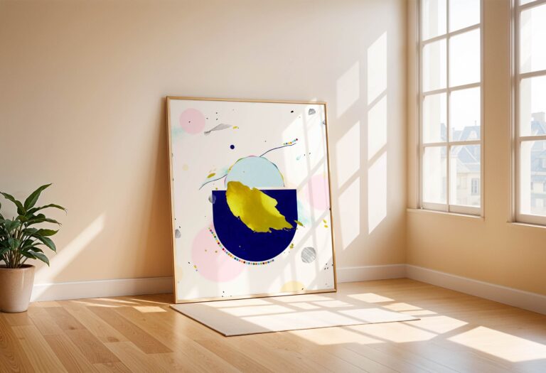 Abstrakti tapyba – kobaldo mėlyna dėmė, rožinis kvadratas, pasteliniai tonai – didelė drobė