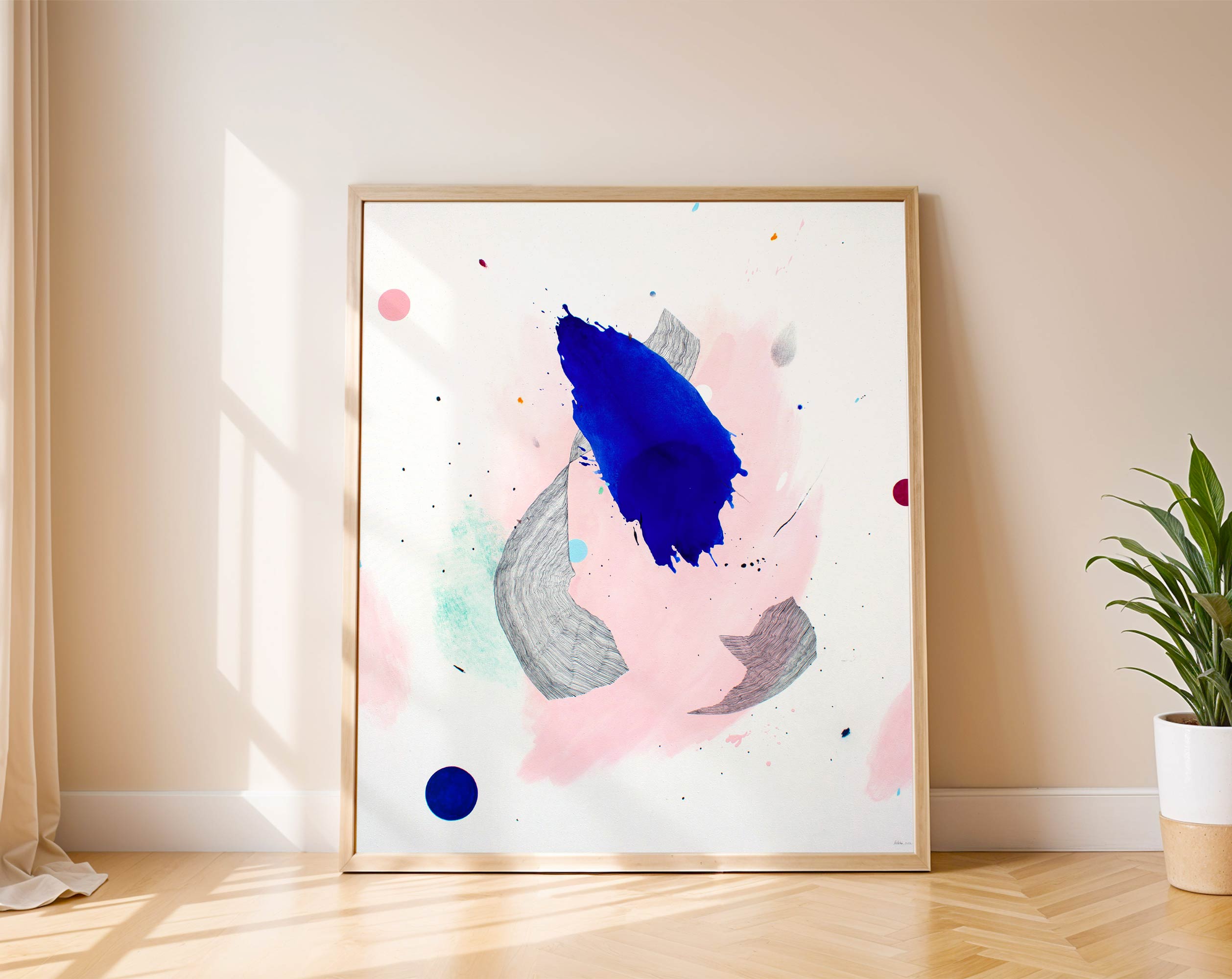 Originali šiuolaikinė abstrakti tapyba 130x150 cm – ultramarino mėlyna, rožinė – didelė drobė Lietuva