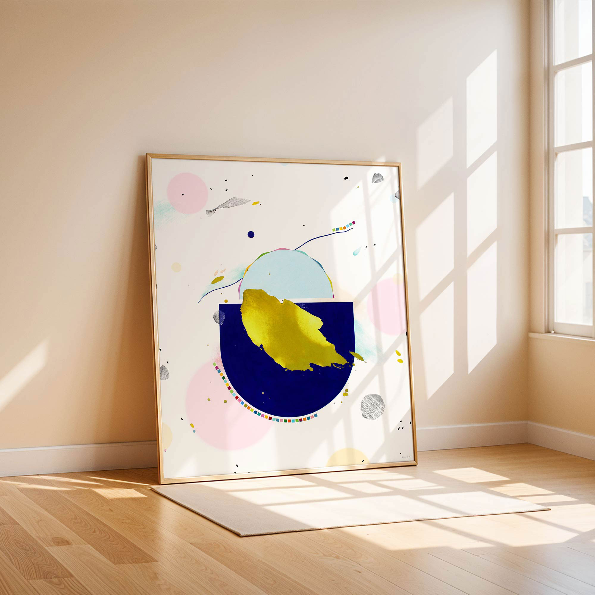 Originali abstrakti tapyba – mėlyna, rožinė, balta drobė – šiuolaikinis menas Vilniuje