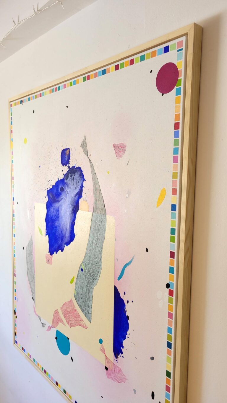 100 × 120 cm abstraktus paveikslas ant drobės – turkio ir mėlynos spalvos su rožiniais akcentais, minimalistinis šiuolaikinis menas